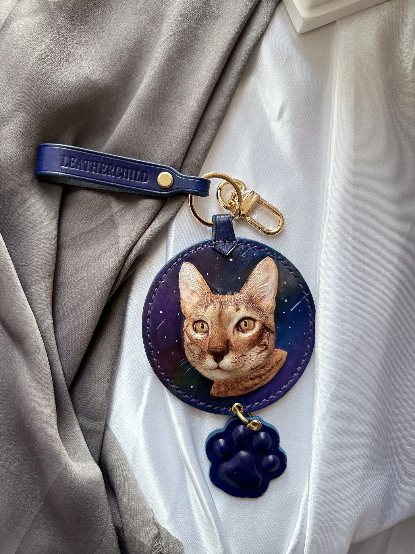 Leatherchild Handcrafted Italian Veg-Tanned Leather Pet Bag Charm & Keychain - Gifts & Decorations | Oil Painting Background (Custom-made 28-35 Days)