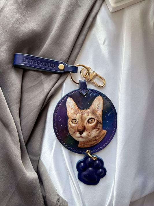 Leatherchild Handcrafted Italian Veg-Tanned Leather Pet Bag Charm & Keychain - Gifts & Decorations | Oil Painting Background (Custom-made 28-35 Days)