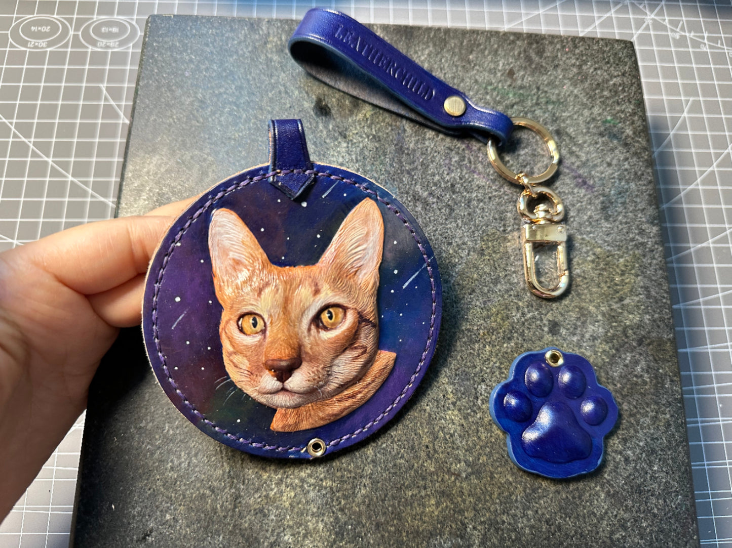 Leatherchild Handcrafted Italian Veg-Tanned Leather Pet Bag Charm & Keychain - Gifts & Decorations | Oil Painting Background (Custom-made 28-35 Days)