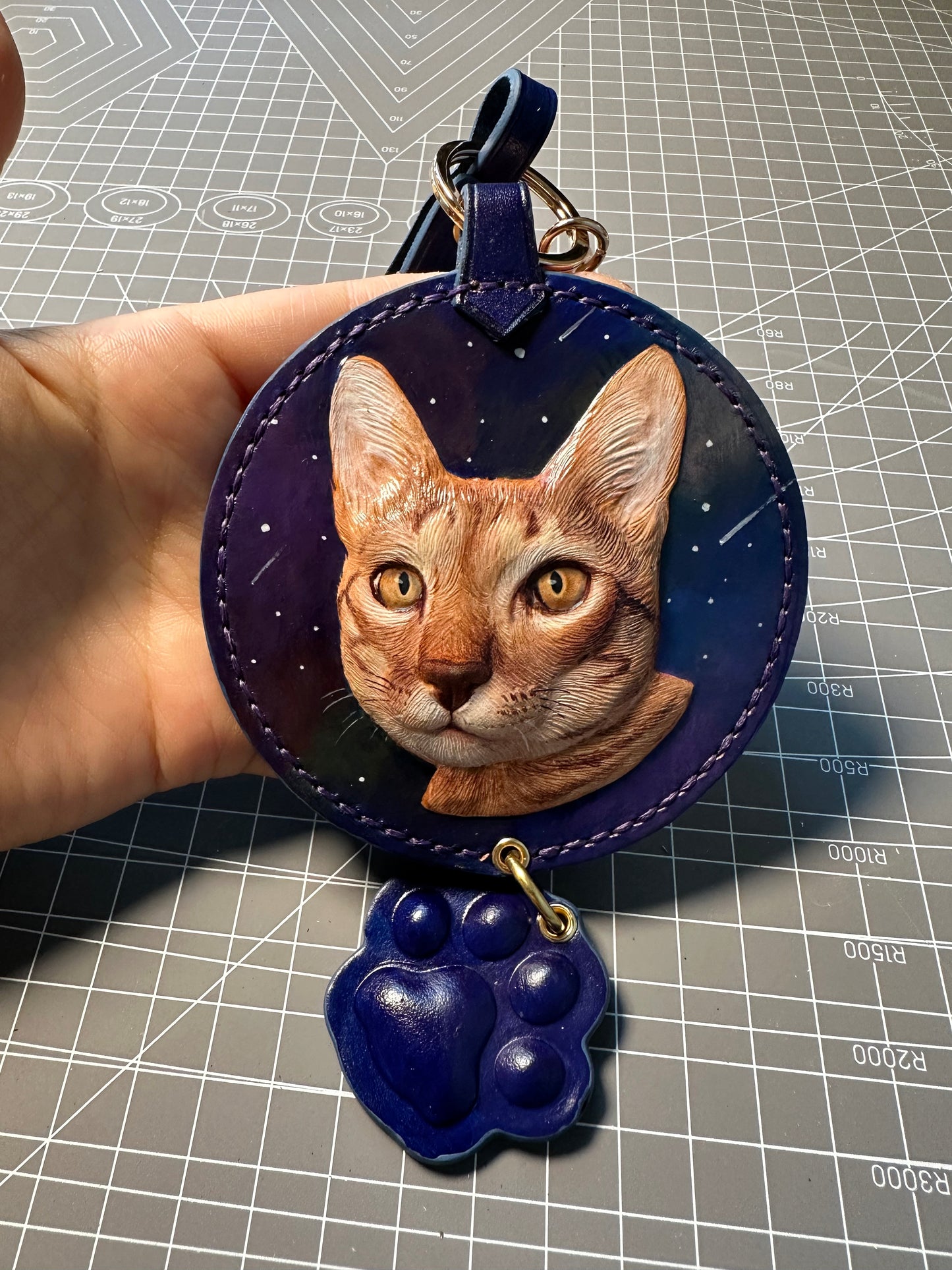 Leatherchild Handcrafted Italian Veg-Tanned Leather Pet Bag Charm & Keychain - Gifts & Decorations | Oil Painting Background (Custom-made 28-35 Days)