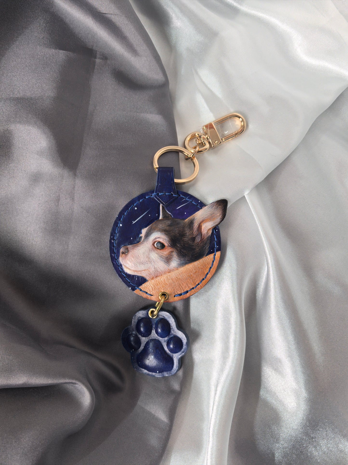Leatherchild Handcrafted Italian Veg-Tanned Leather Pet Bag Charm & Keychain - Gifts & Decorations | Oil Painting Background (Custom-made 28-35 Days)