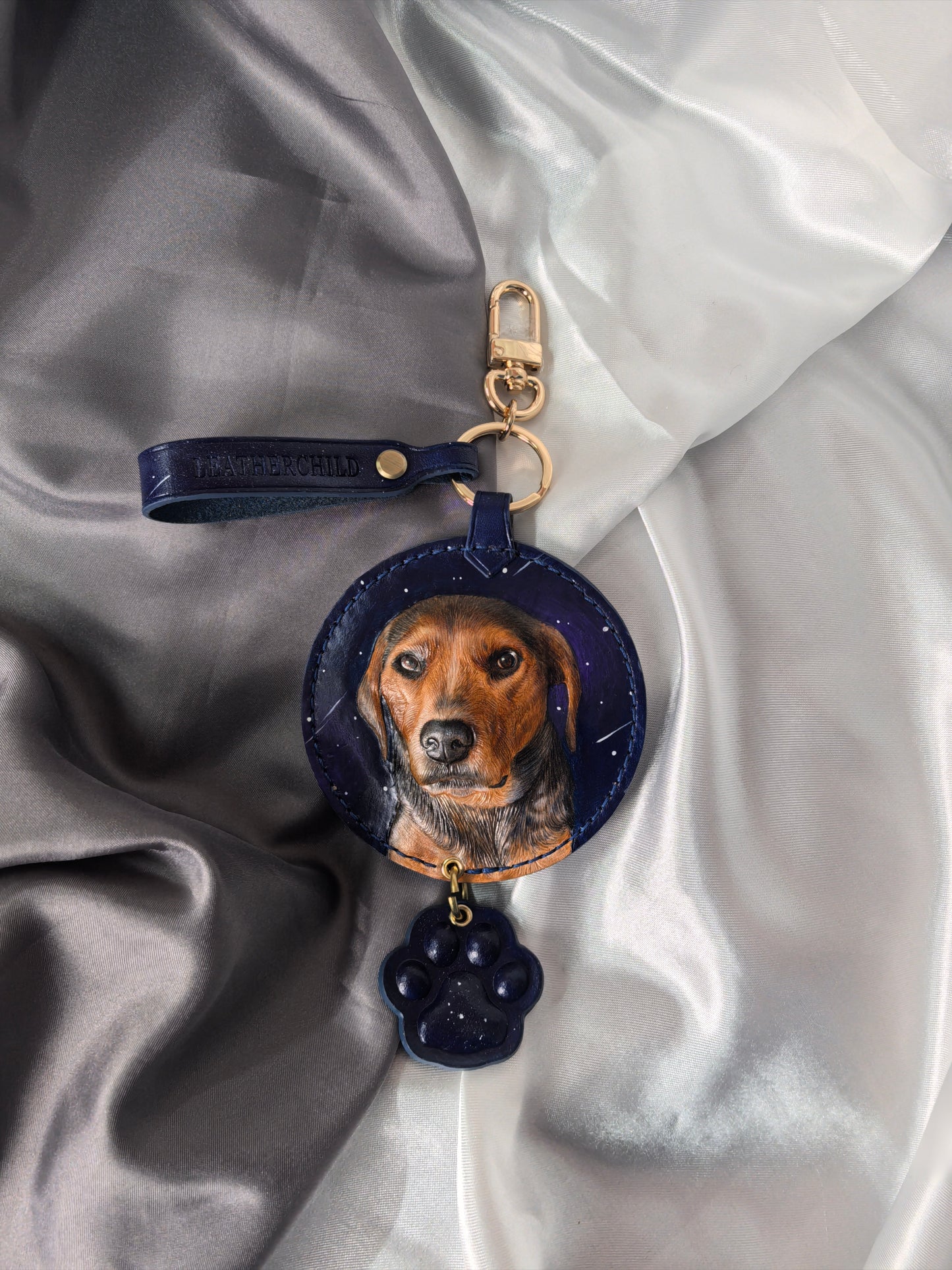 Leatherchild Handcrafted Italian Veg-Tanned Leather Pet Bag Charm & Keychain - Gifts & Decorations | Oil Painting Background (Custom-made 28-35 Days)