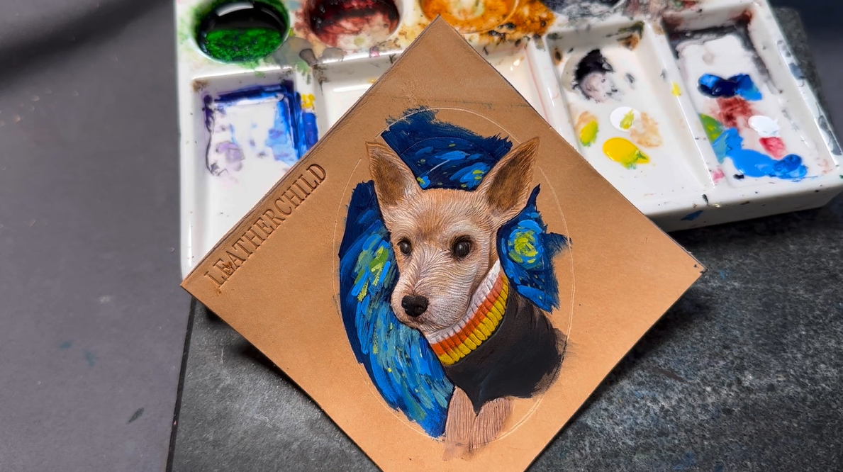 Leatherchild Handcrafted Italian Veg-Tanned Leather Pet Bag Charm & Keychain - Gifts & Decorations | Oil Painting Background (Custom-made 28-35 Days)