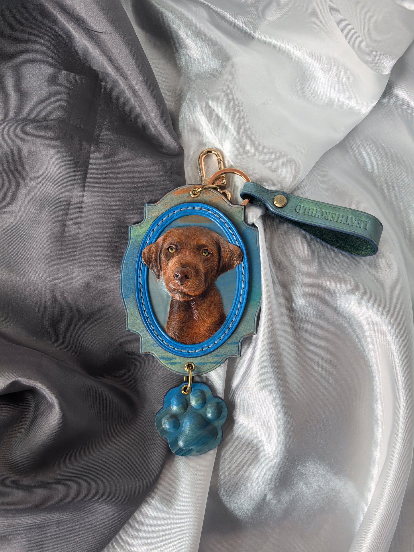 Leatherchild Handcrafted Italian Veg-Tanned Leather Pet Bag Charm & Keychain - Gifts & Decorations | Oil Painting Background (Custom-made 28-35 Days)