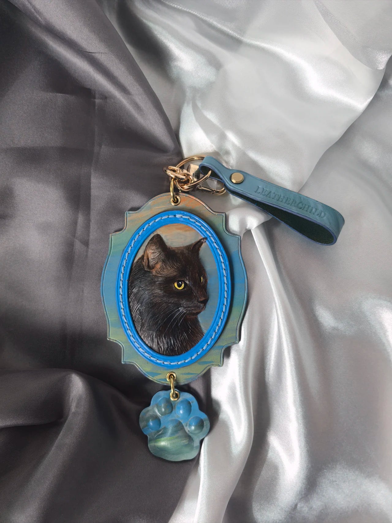 Leatherchild Handcrafted Italian Veg-Tanned Leather Pet Bag Charm & Keychain - Gifts & Decorations | Oil Painting Background (Custom-made 28-35 Days)