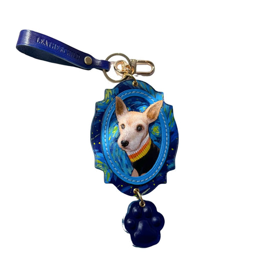 Leatherchild Handcrafted Italian Veg-Tanned Leather Pet Bag Charm & Keychain - Gifts & Decorations | Oil Painting Background (Custom-made 28-35 Days)