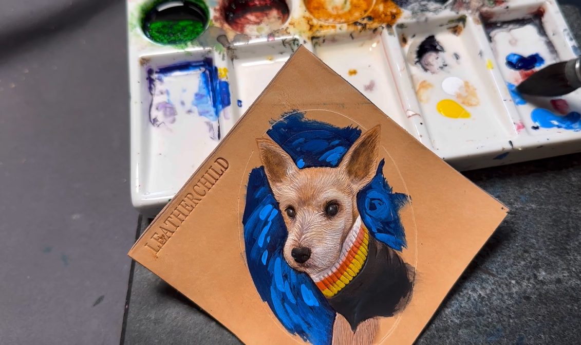 Leatherchild Handcrafted Italian Veg-Tanned Leather Pet Bag Charm & Keychain - Gifts & Decorations | Oil Painting Background (Custom-made 28-35 Days)