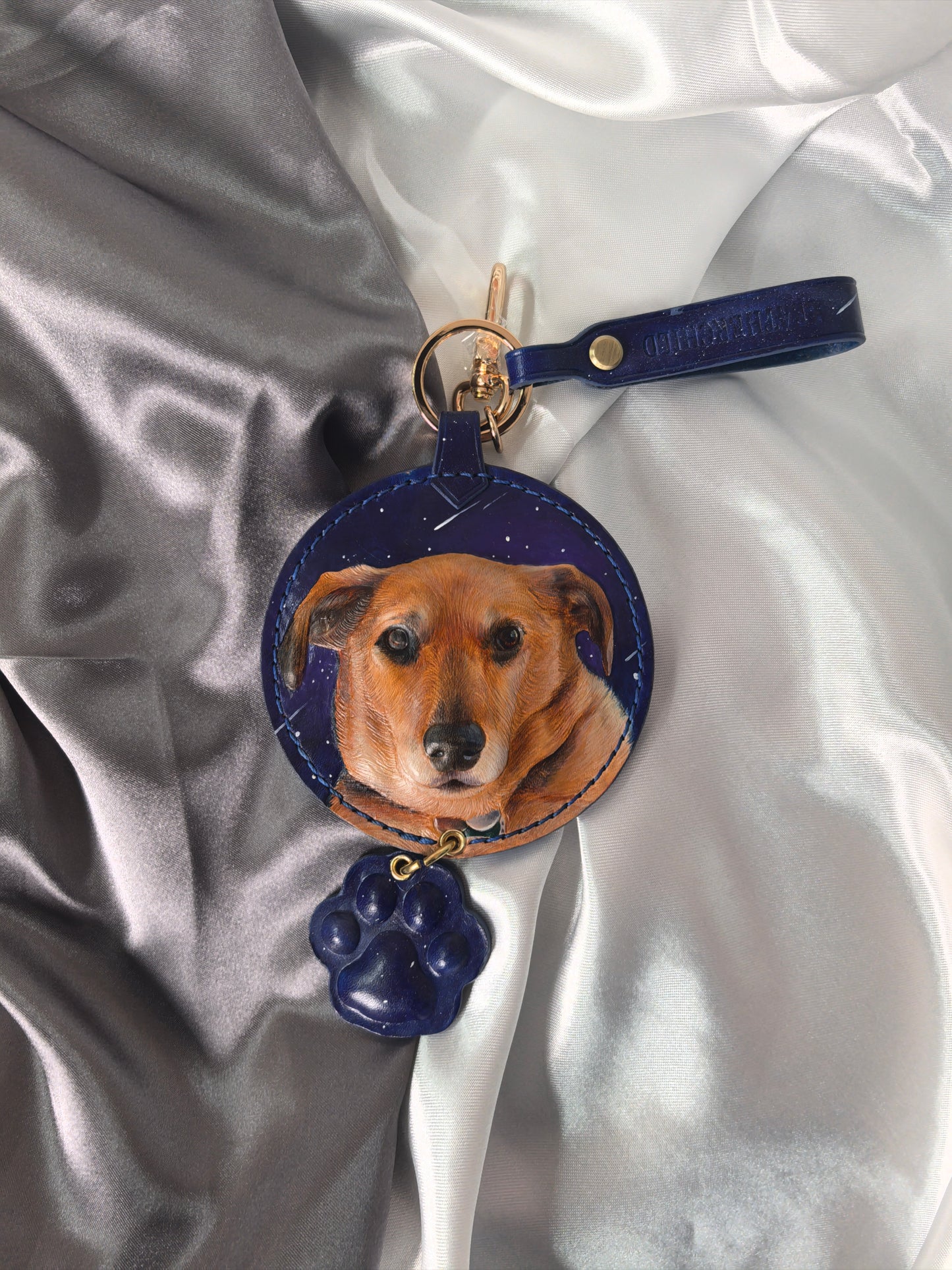 Leatherchild Handcrafted Italian Veg-Tanned Leather Pet Bag Charm & Keychain - Gifts & Decorations | Oil Painting Background (Custom-made 28-35 Days)