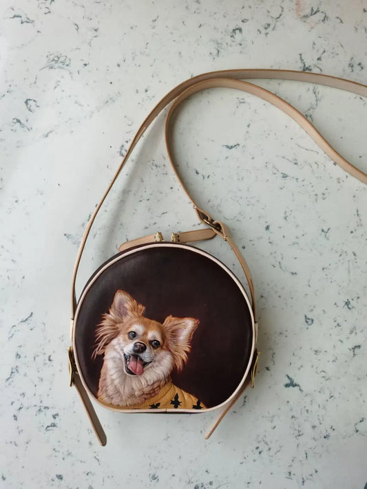 Leatherchild Handmade Hyper-Realistic Carved Leather Pet Round Crossbody Bag (Deposit)Artist: Ms.Tao