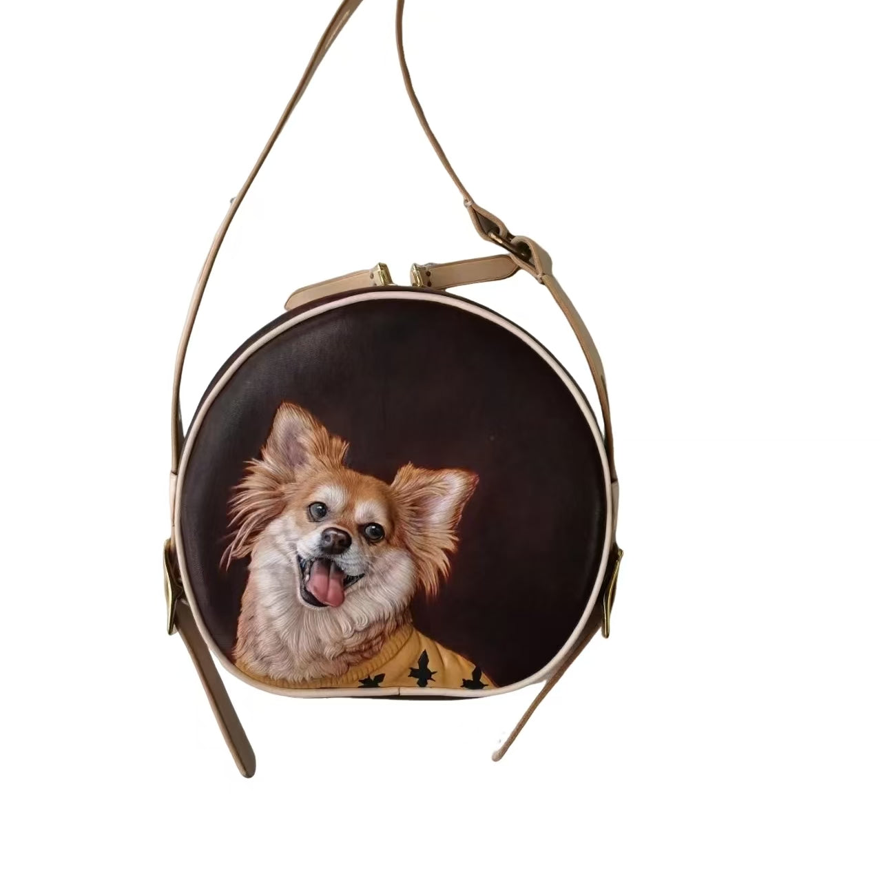 Leatherchild Handmade Hyper-Realistic Carved Leather Pet Round Crossbody Bag (Deposit)Artist: Ms.Tao